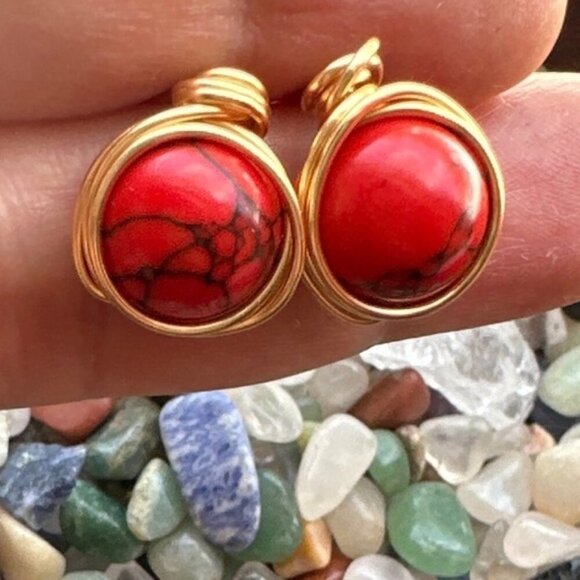 Alquimia Red and Gold Wire Wrapped Earrings - Picture 1 of 3